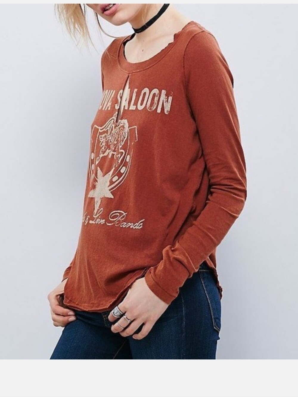 We The Free Rust Brown Distressed Nova Saloon Keyhole Long-Sleeve Tee